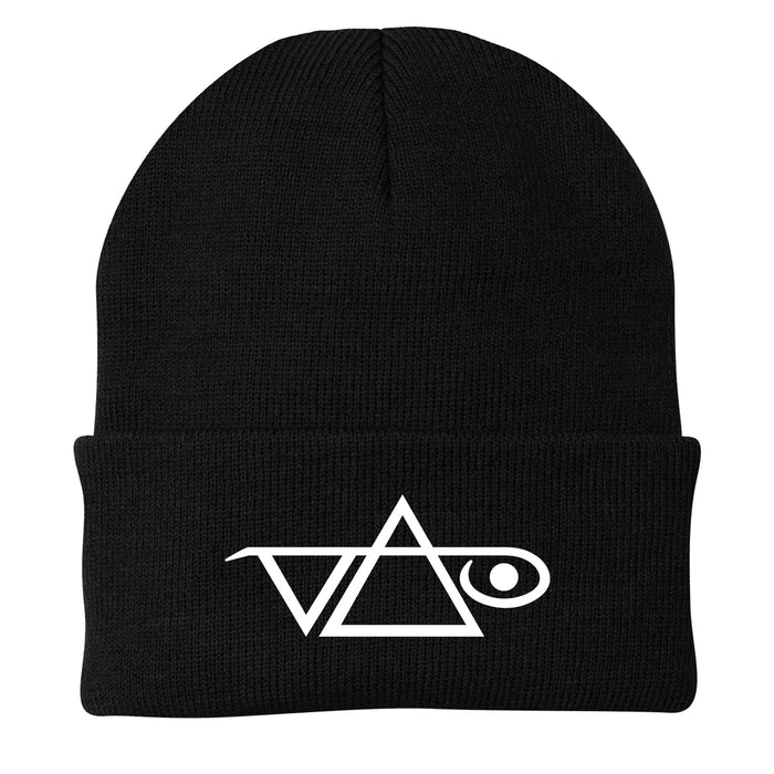 A black Steve Vai beanie featuring the Inviolate Logo—a white geometric design with a triangle, circle, and intersecting lines—on the front fold.