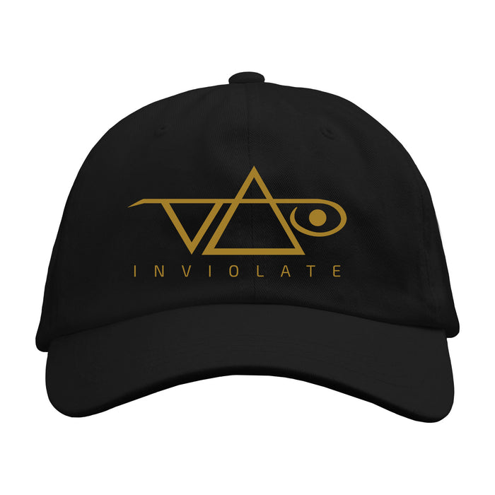 A black dad hat by Steve Vai featuring a gold geometric logo with INVIOLATE in gold capitals below, perfect as a stylish Tour Edition accessory for fans.