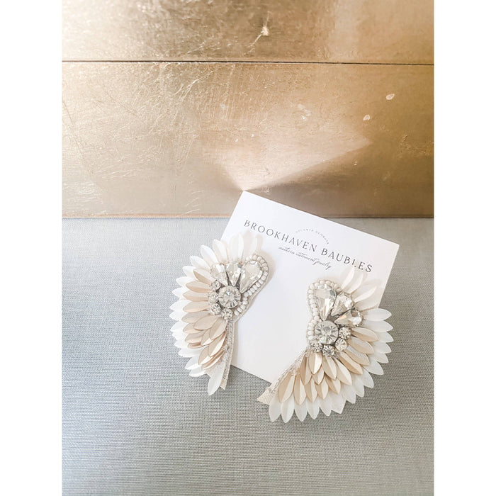 Ivory Gold Ombré Beaded Crystal Winged Statement Earrings