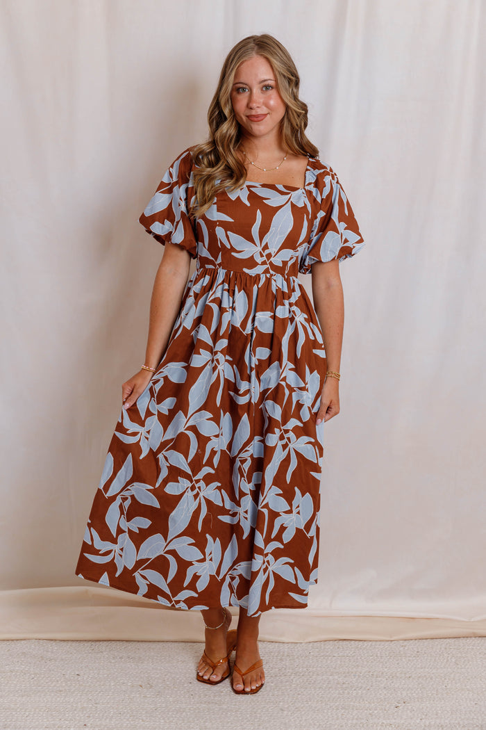 Rust Brown and Blue Floral Midi Dress - Women's Square Neck Puff Sleeve Smocked Back Dress