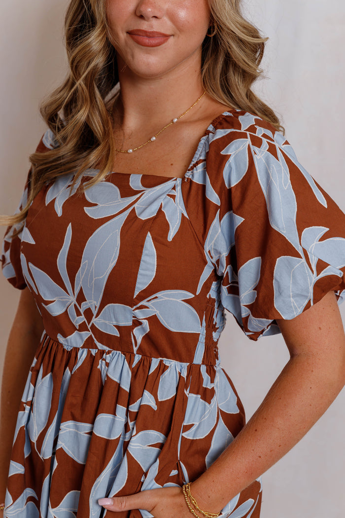Rust Brown and Blue Floral Midi Dress - Women's Square Neck Puff Sleeve Smocked Back Dress