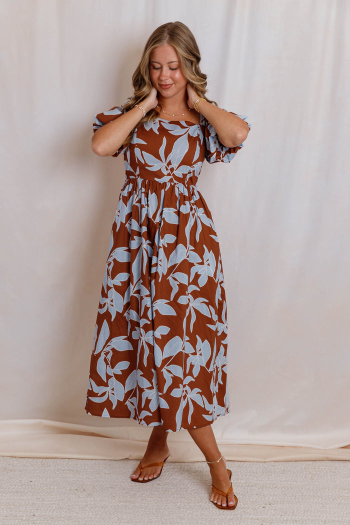 Rust Brown and Blue Floral Midi Dress - Women's Square Neck Puff Sleeve Smocked Back Dress