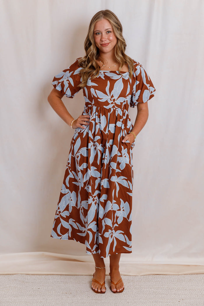 Rust Brown and Blue Floral Midi Dress - Women's Square Neck Puff Sleeve Smocked Back Dress