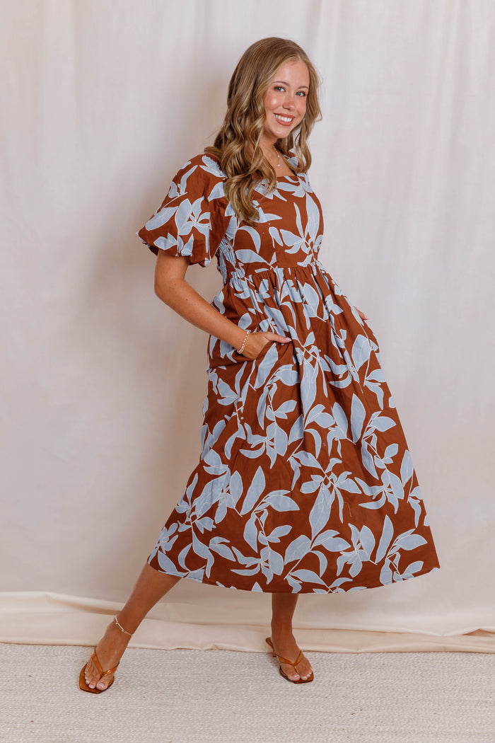 Rust Brown and Blue Floral Midi Dress - Women's Square Neck Puff Sleeve Smocked Back Dress