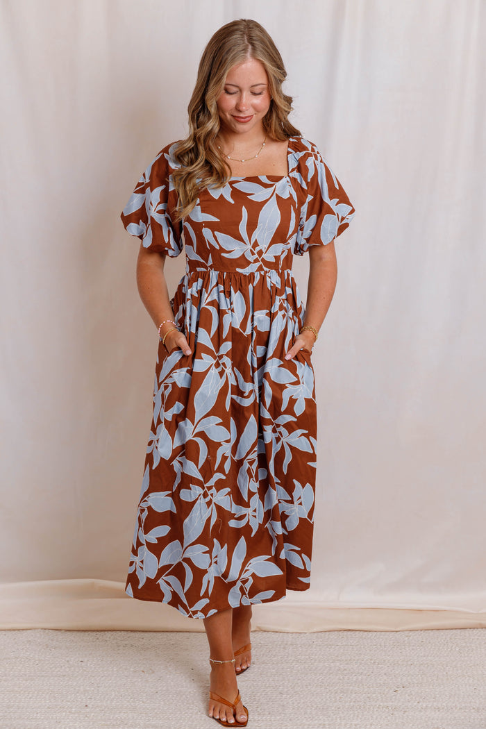 Rust Brown and Blue Floral Midi Dress - Women's Square Neck Puff Sleeve Smocked Back Dress