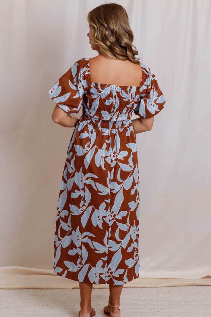 Rust Brown and Blue Floral Midi Dress - Women's Square Neck Puff Sleeve Smocked Back Dress