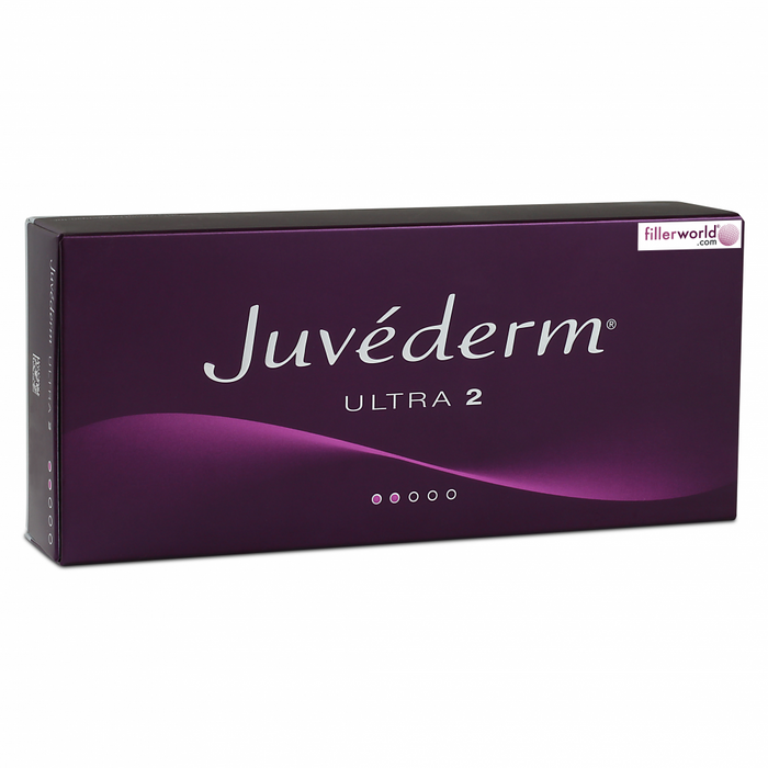 Juvederm Ultra 2 Lidocaine skin care syringe with 0.55ml, featuring a smooth, clear gel for facial cosmetic treatments.