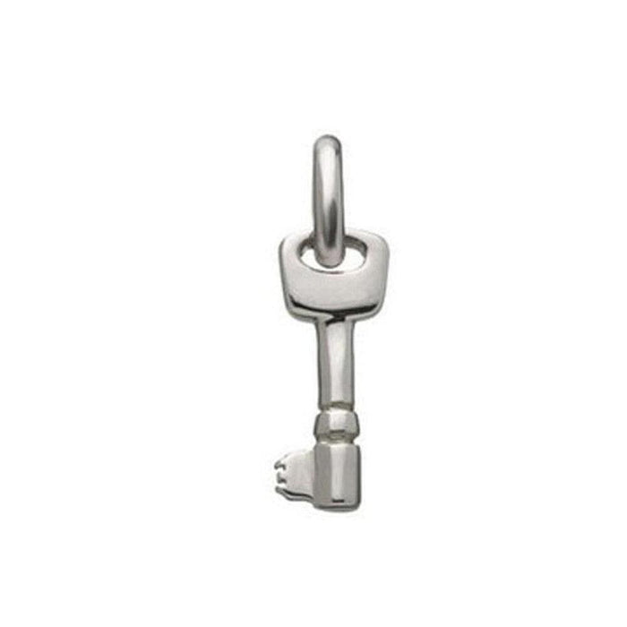 Silver key charm pendant, minimalist design.