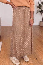 Khaki Polka Dot Lace Hem Elegant Long Shift Skirt