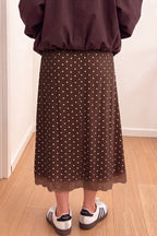 Khaki Polka Dot Lace Hem Elegant Long Shift Skirt