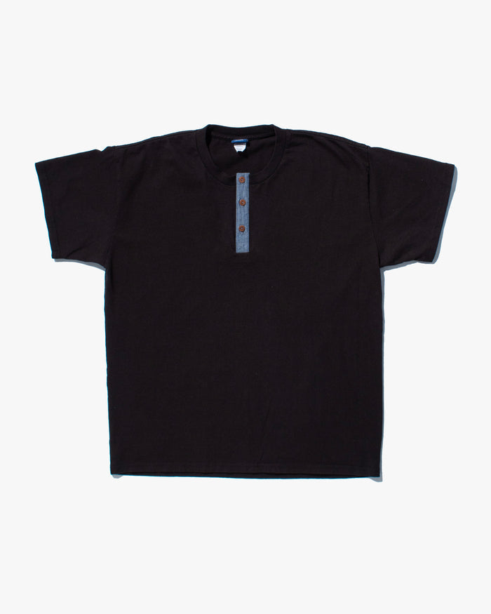 Kiriko Original Tee, 8oz Cotton, Henley Tee, Black with Chambray, Indigo Small Multi