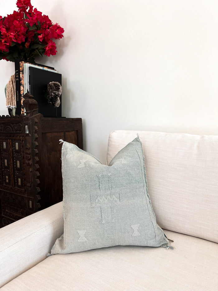 Artisanal Handmade Moroccan embroidered cactus silk sabra pillow handwoven blue turquoise aqua