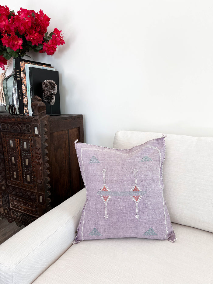 Artisanal Handmade Moroccan embroidered cactus silk sabra pillow handwoven purple