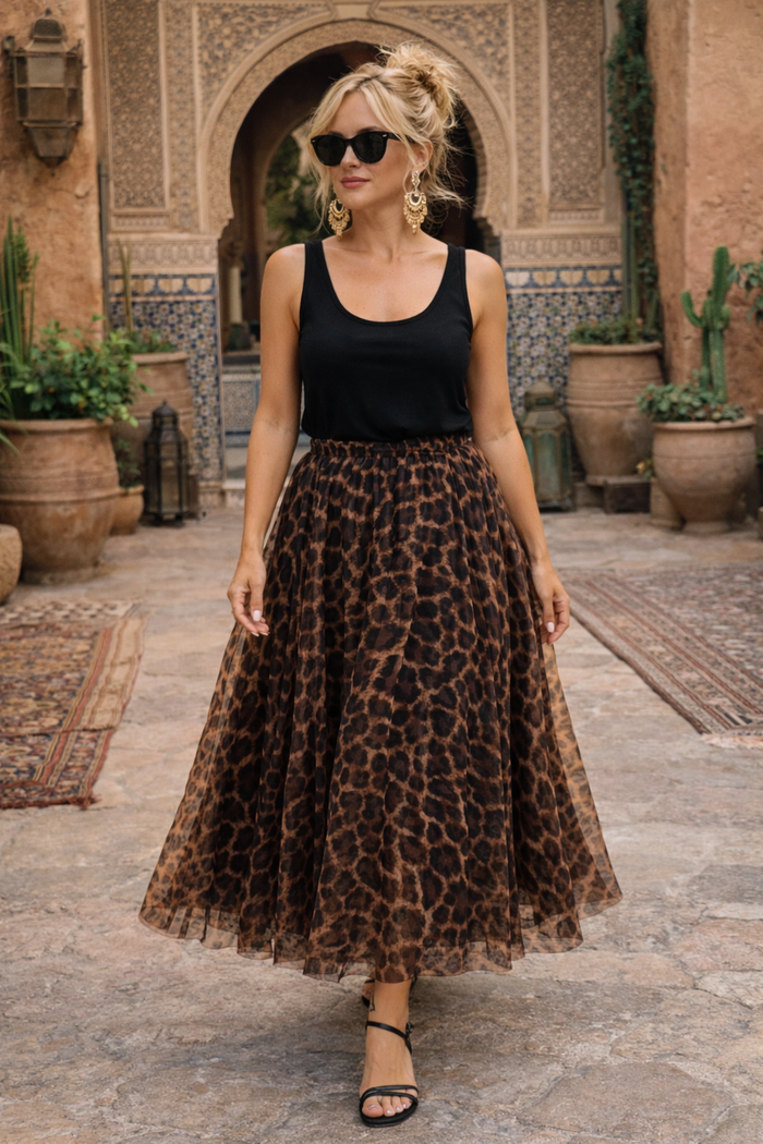 Lavika Leopard Tulle Skirt Tan