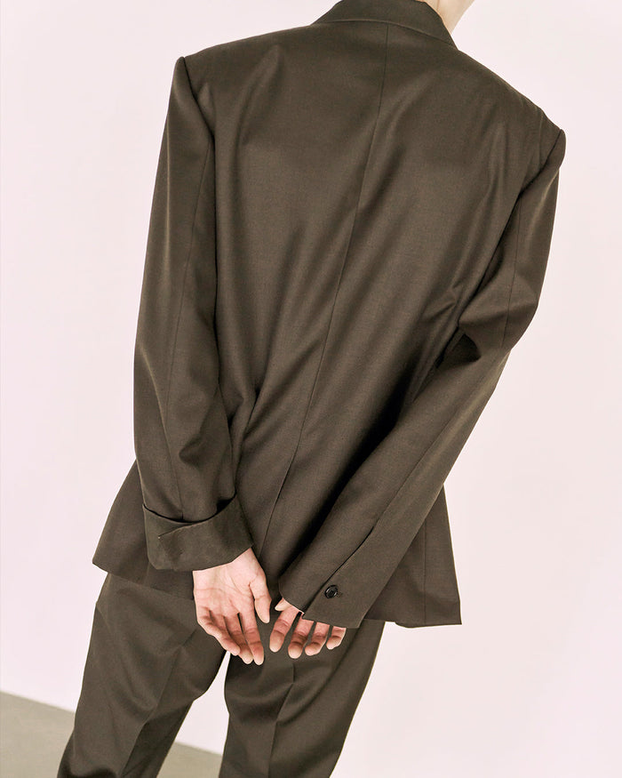 Leather Reveal Sleeve Wool Blazer_Khaki Brown