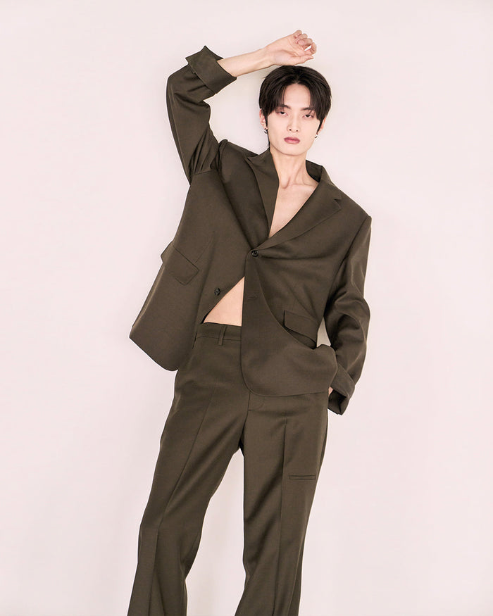 Leather Reveal Sleeve Wool Blazer_Khaki Brown