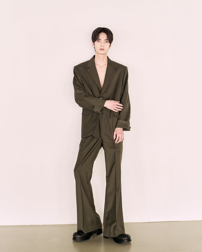 Leather Reveal Sleeve Wool Blazer_Khaki Brown