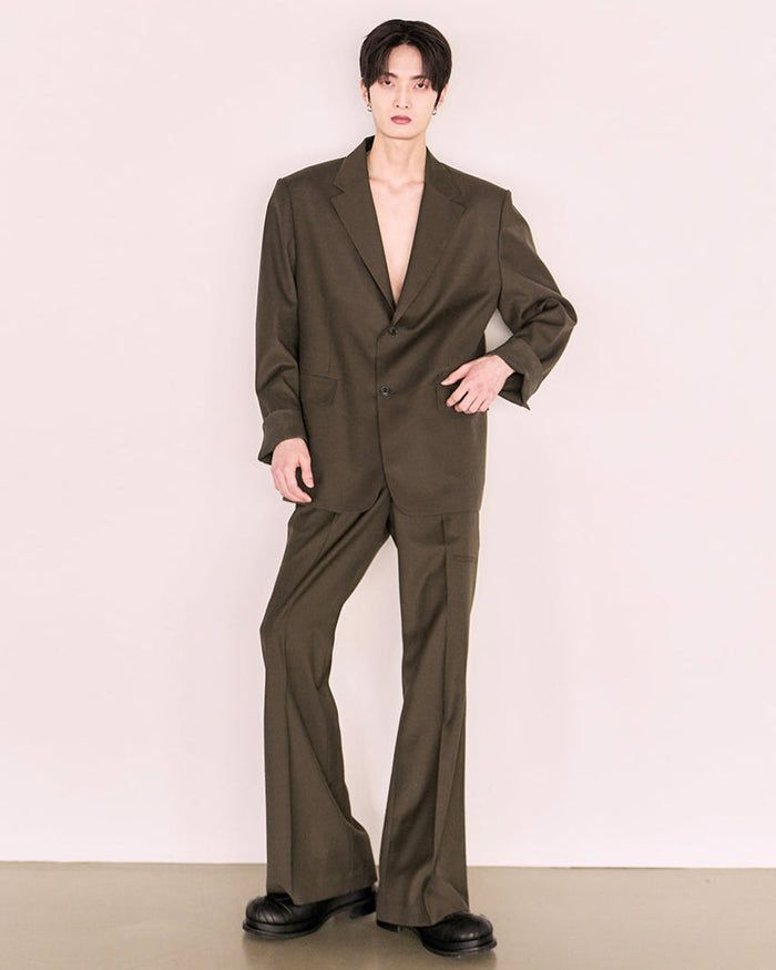 Leather Reveal Sleeve Wool Blazer_Khaki Brown