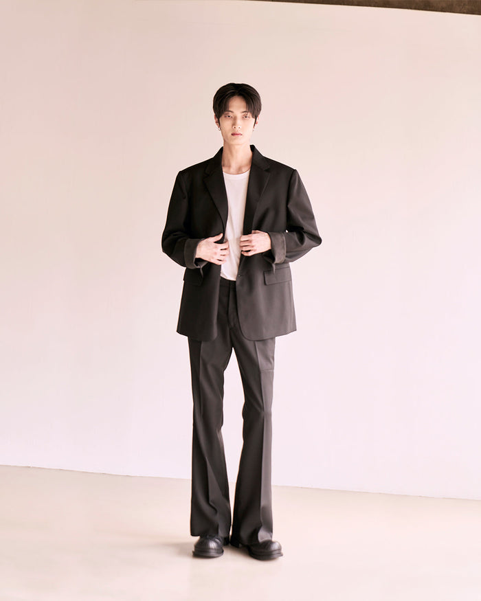 Leather Reveal Sleeve Wool Blazer_Khaki Brown