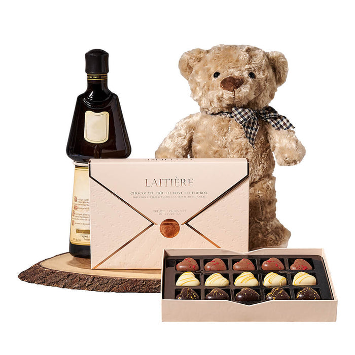 Liquor Gift Set Featuring Vodka, Plush Teddy, Laitière Chocolate & Oval Board – gift basket with bottle of vodka, laitiere chocolate truffle love
