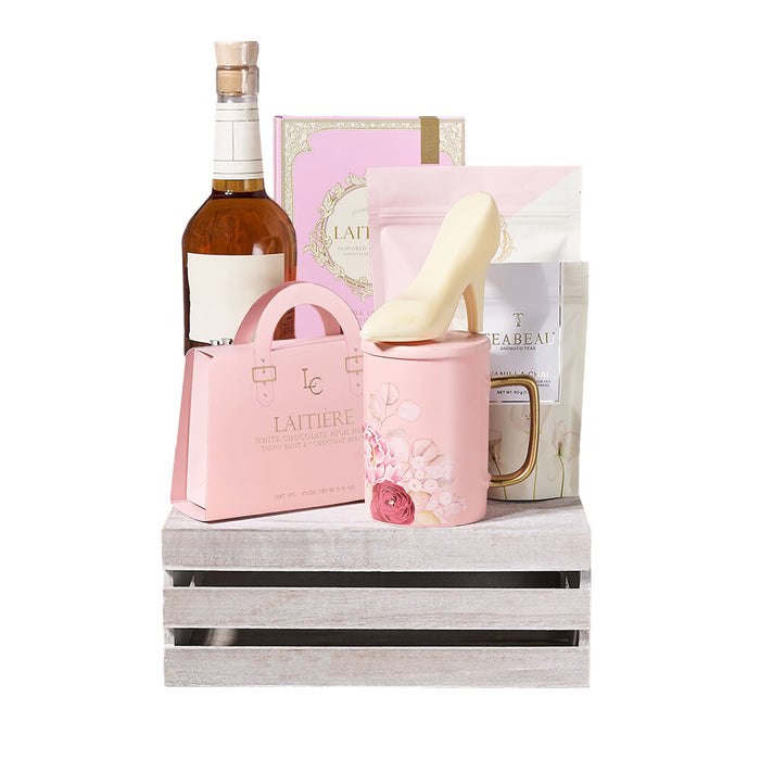 Liquor & Perfect Pink Chocolate Crate, New Jersey – gift basket with bottle of whiskey, laitiere white chocolate high heels and laitiere white