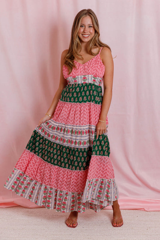 Pink Patchwork Maxi Dress- Boho Floral Bow Back Maxi Dress- THML Maxi Dress