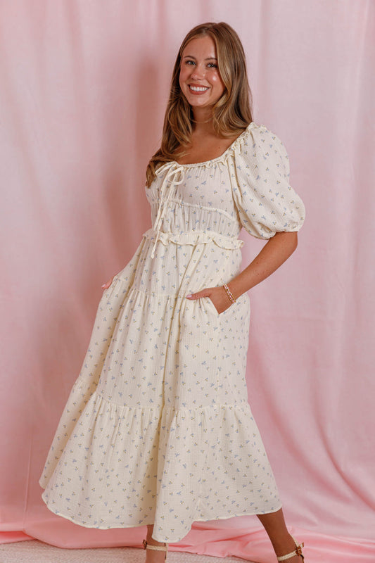 Women's Bow Print Midi Dress- Cream Floral Cotton Dress- Cottagecore Midi Dress