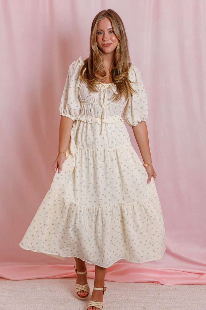 Women's Bow Print Midi Dress- Cream Floral Cotton Dress- Cottagecore Midi Dress