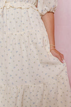 Women's Bow Print Midi Dress- Cream Floral Cotton Dress- Cottagecore Midi Dress