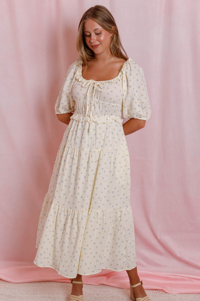 Women's Bow Print Midi Dress- Cream Floral Cotton Dress- Cottagecore Midi Dress
