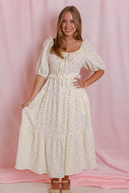 Women's Bow Print Midi Dress- Cream Floral Cotton Dress- Cottagecore Midi Dress