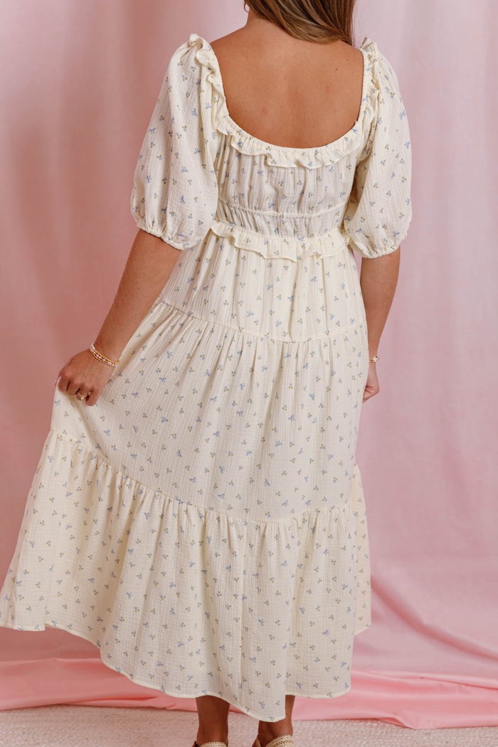 Women's Bow Print Midi Dress- Cream Floral Cotton Dress- Cottagecore Midi Dress