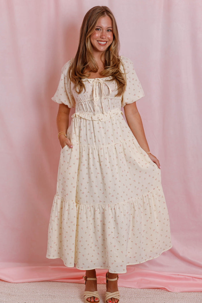 Women's Bow Print Midi Dress- Cream Floral Cotton Dress- Cottagecore Midi Dress