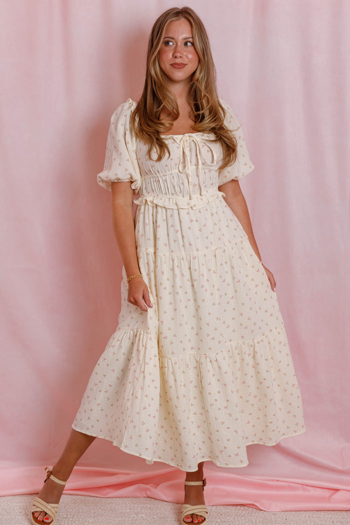 Women's Bow Print Midi Dress- Cream Floral Cotton Dress- Cottagecore Midi Dress
