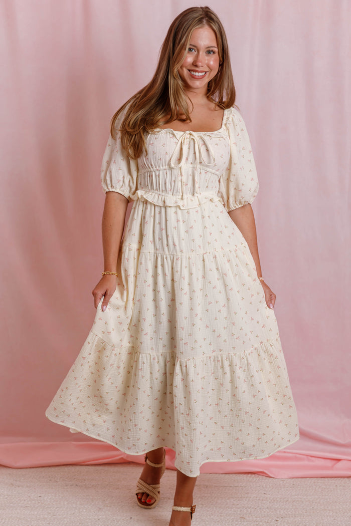 Women's Bow Print Midi Dress- Cream Floral Cotton Dress- Cottagecore Midi Dress