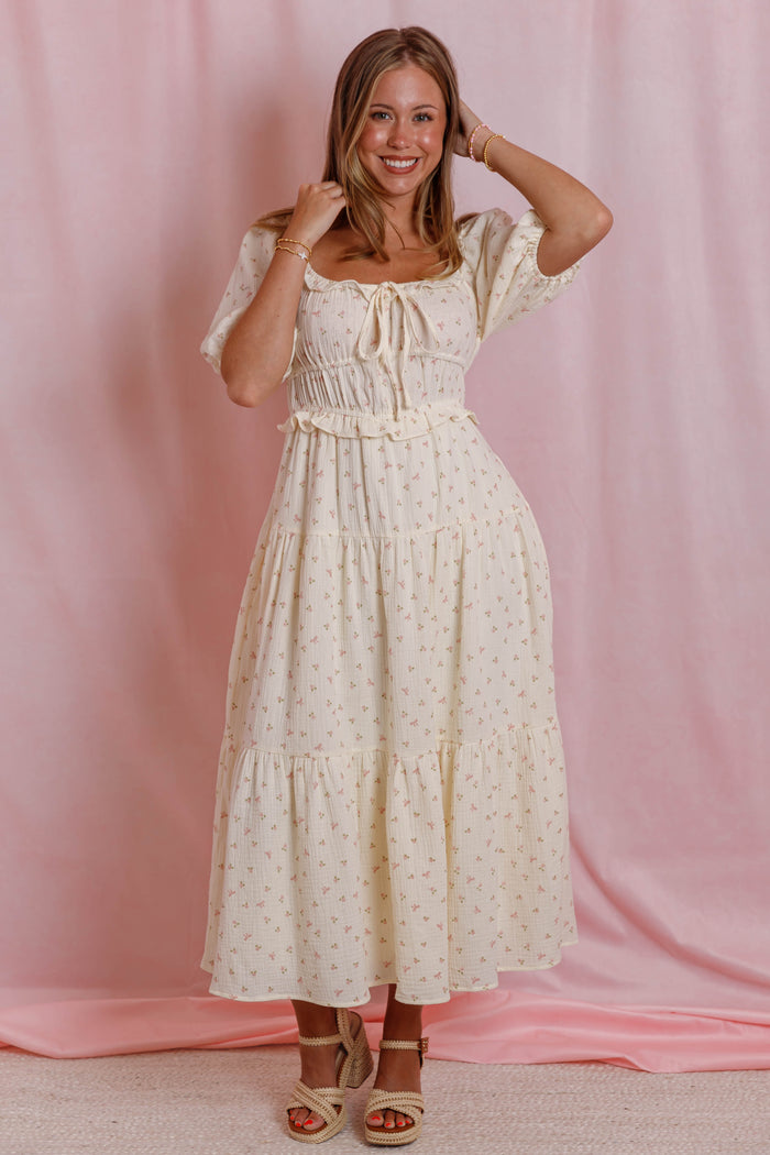 Women's Bow Print Midi Dress- Cream Floral Cotton Dress- Cottagecore Midi Dress
