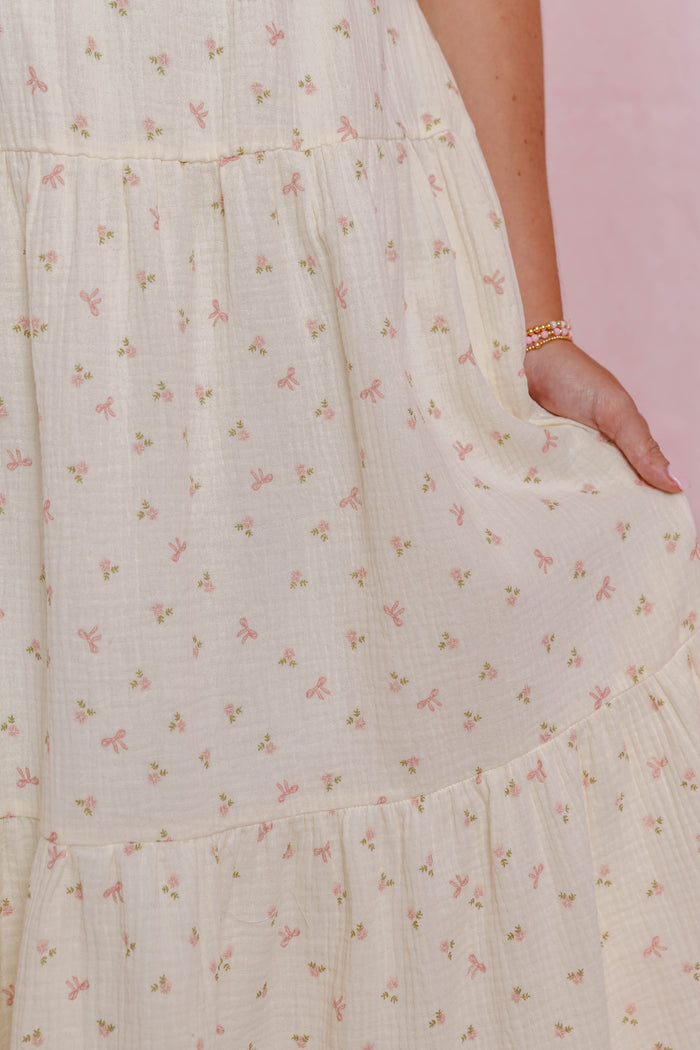 Women's Bow Print Midi Dress- Cream Floral Cotton Dress- Cottagecore Midi Dress