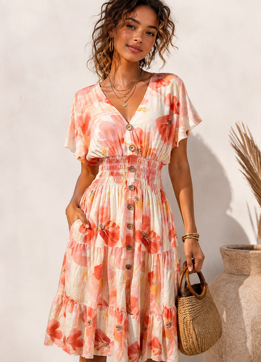 Mahana Floral Midi Dress Peach