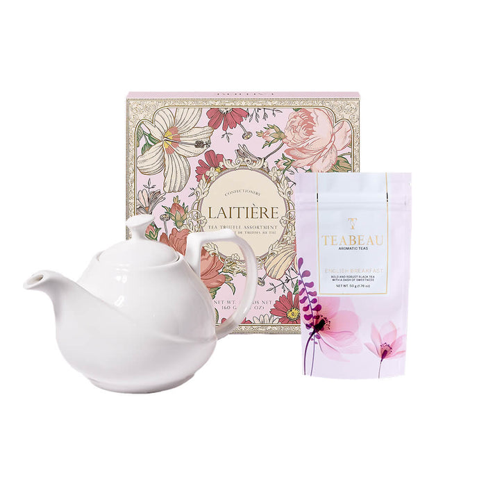 Marcus Robertus Carlisle Pot Tea Gift Set with English Breakfast Tea – gift basket with laitiere tea truffle assortment, marcus robertus carlisle pot