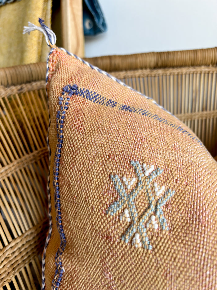 Artisanal Handmade Moroccan embroidered cactus silk sabra lumbar pillow orange handwoven boho eclectic decor