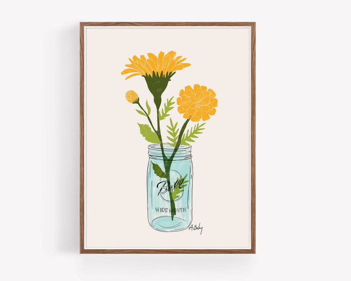 Mason Jar Marigolds Art Print