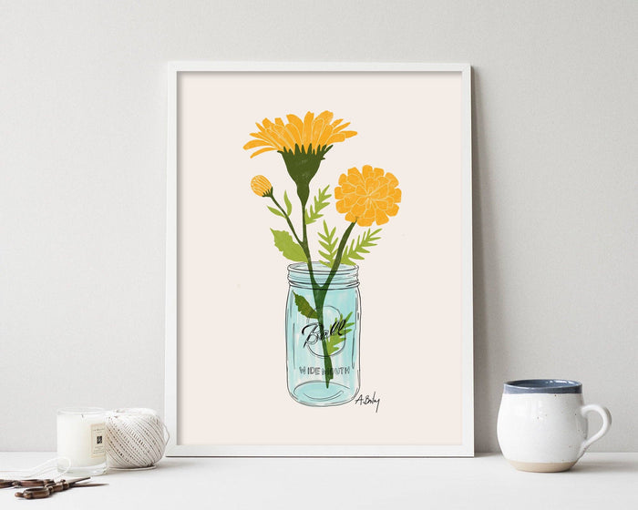 Mason Jar Marigolds Art Print