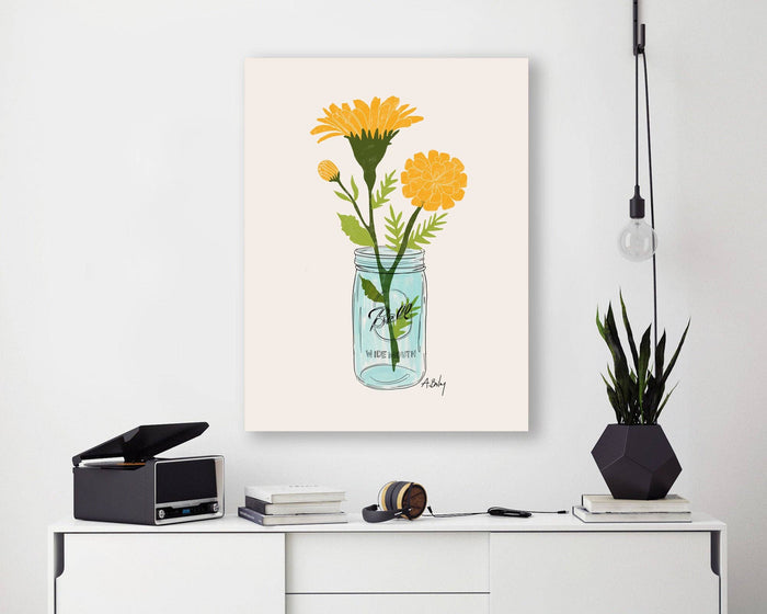 Mason Jar Marigolds Art Print