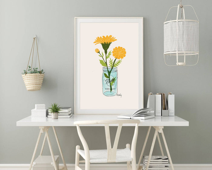 Mason Jar Marigolds Art Print