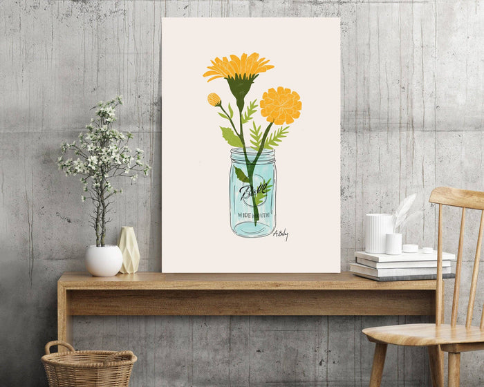 Mason Jar Marigolds Art Print