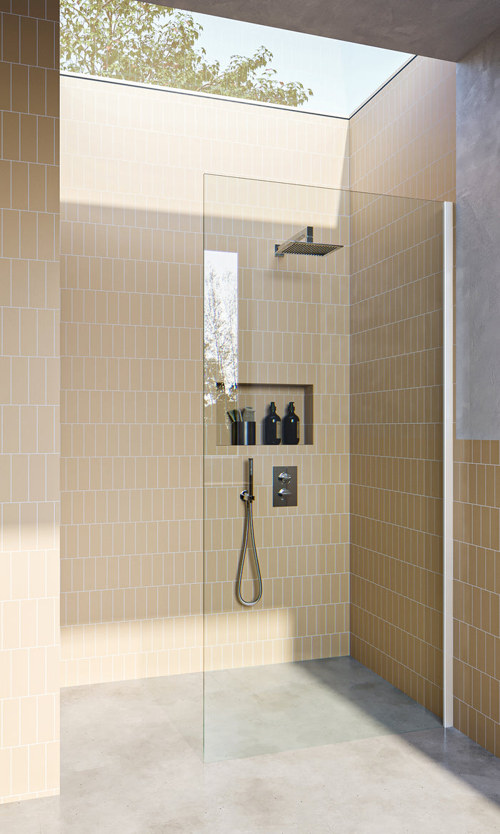 Matt White Fixed Frameless Shower Screen Panel with extended Dry Glaze U Channels - Image 1