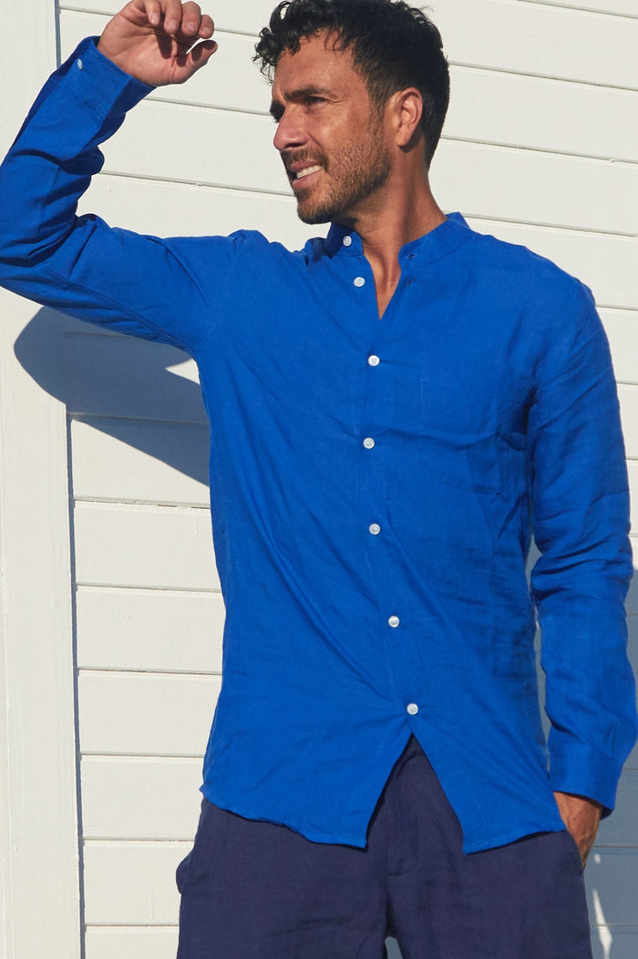 Men's Nehru Collar Linen Shirt | Cobalt Blue - Aspiga