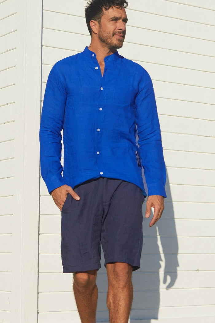 Men's Nehru Collar Linen Shirt | Cobalt Blue - Aspiga