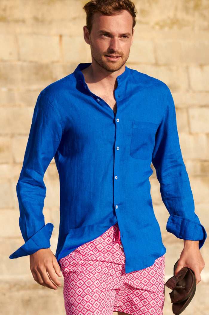 Men's Nehru Collar Linen Shirt | Cobalt Blue - Aspiga