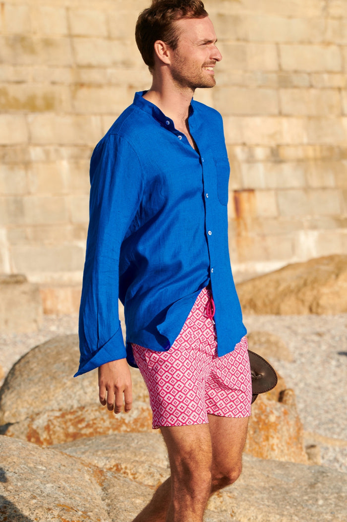 Men's Nehru Collar Linen Shirt | Cobalt Blue - Aspiga